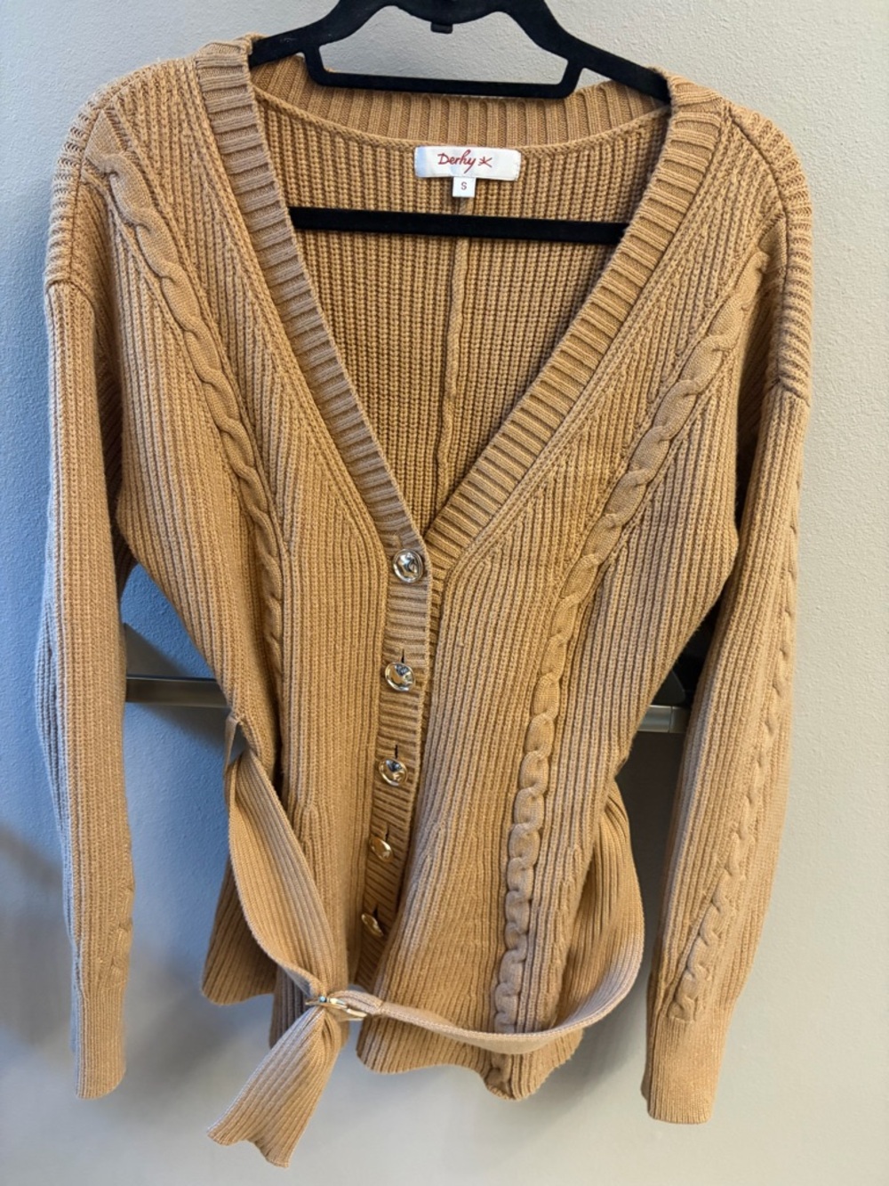 Derhy French Brand Belted Cable Knit Cardigan — Camel, Size Small